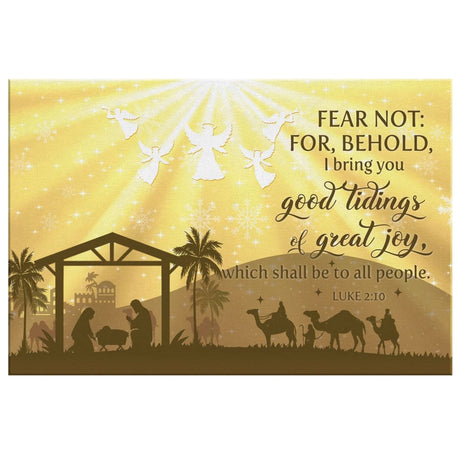 Faith-based Christmas wall art displaying "Good Tidings Of Great Joy" with the nativity and Star of Bethlehem, great religious holiday decor.