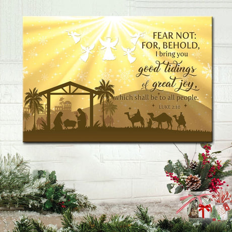 Christmas wall art featuring "Good Tidings Of Great Joy" with a nativity scene and the Star of Bethlehem, perfect faith-based holiday decor.