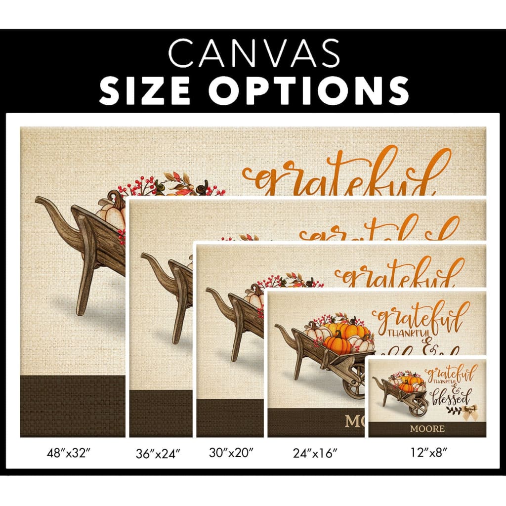 Inspirational wall art with &quot;Grateful Thankful Blessed&quot; and custom family name, ideal for Thanksgiving Christian décor.