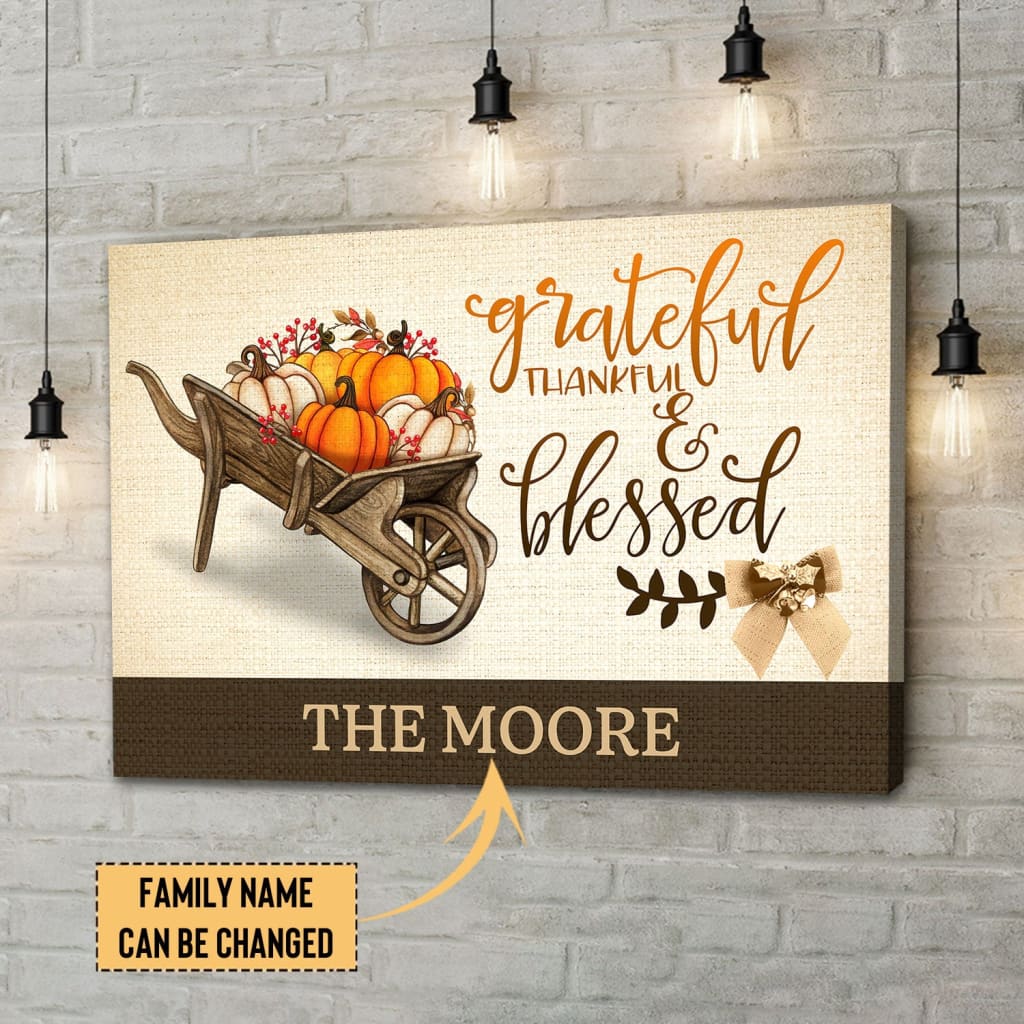 Customizable wall art with &quot;Grateful Thankful Blessed&quot; and your family name, great for faith-based home decoration.