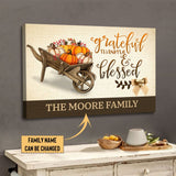 Christian wall art featuring "Grateful Thankful Blessed" with personalized family name, ideal for Thanksgiving décor.