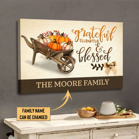 Christian wall art featuring "Grateful Thankful Blessed" with personalized family name, ideal for Thanksgiving décor.