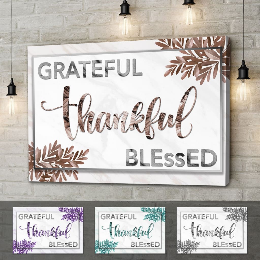 "Grateful Thankful Blessed" wall art canvas in brown, purple, gray and teal, ideal for Christian home decor and gifts.