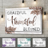 "Grateful Thankful Blessed" wall art canvas in brown, purple, gray and teal, ideal for Christian home decor and gifts.