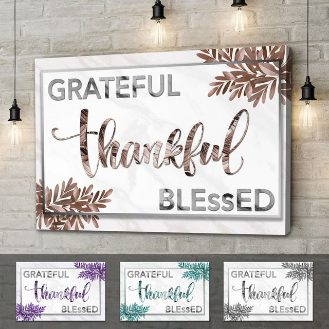 "Grateful Thankful Blessed" wall art canvas in brown, purple, gray and teal, ideal for Christian home decor and gifts.