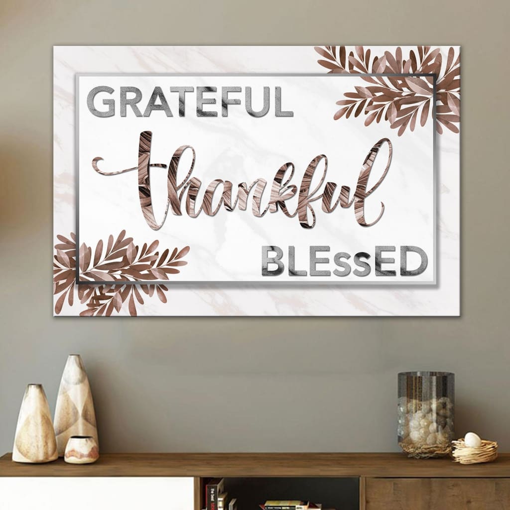 Christian wall decor with &quot;Grateful Thankful Blessed&quot; in brown tones, perfect for faith-inspired spaces.