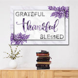 Purple "Grateful Thankful Blessed" canvas print, a meaningful piece for Christian home decor or gifting.