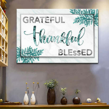 Christian gift idea: "Grateful Thankful Blessed" wall art in Teal, perfect for inspiring home decor.