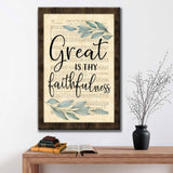 "Great is Thy Faithfulness" wall art canvas with sheet music, rustic design, perfect Christian hymns decor.