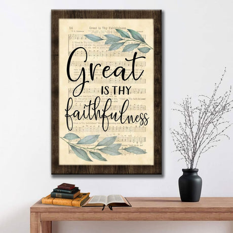 "Great is Thy Faithfulness" wall art canvas with sheet music, rustic design, perfect Christian hymns decor.