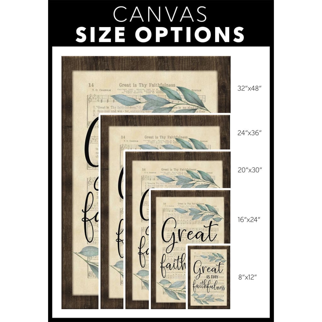 Rustic sheet music canvas of "Great is Thy Faithfulness," beautiful Christian hymn wall art for home / canvas size options.