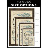 Rustic sheet music canvas of "Great is Thy Faithfulness," beautiful Christian hymn wall art for home / canvas size options.
