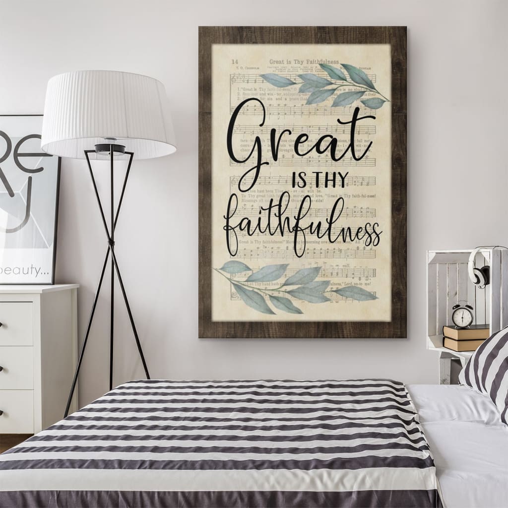Rustic &quot;Great is Thy Faithfulness&quot; wall art featuring sheet music, ideal for Christian hymn lovers.
