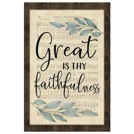 Christian wall art with "Great is Thy Faithfulness" hymn, rustic style with sheet music, perfect faith-based decor.