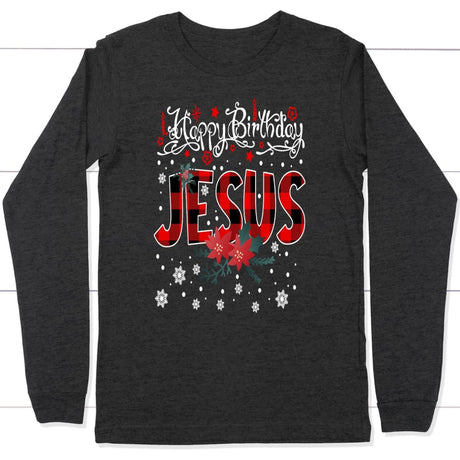 Happy Birthday Jesus Buffalo Plaid Christmas long sleeve t-shirt Dark Grey Heather / S