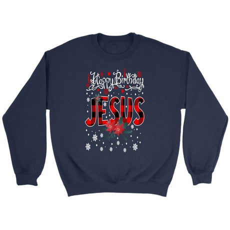 Happy Birthday Jesus Buffalo Plaid Christmas sweatshirt - Christian Christmas gifts Navy / S