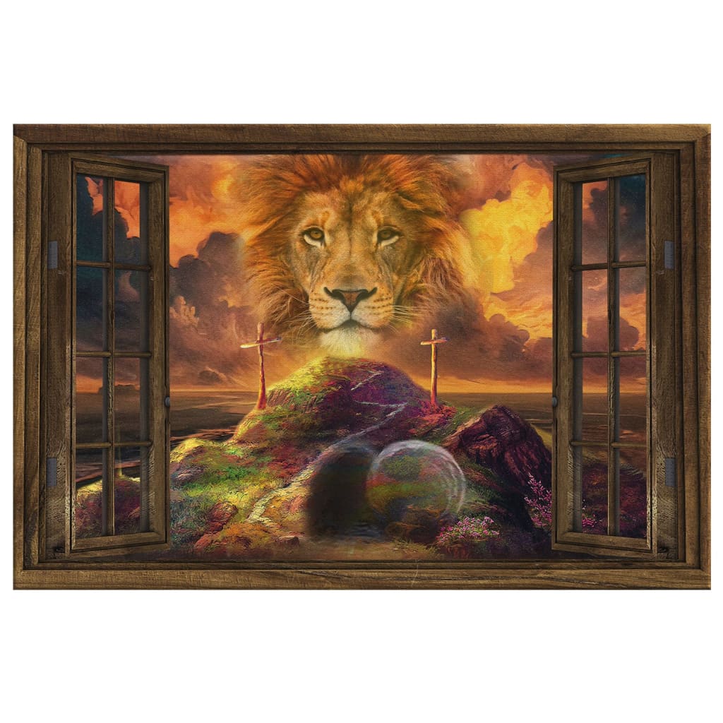 Inspirational Easter wall art canvas with the message &quot;He Is Risen&quot; and the Lion of Judah, ideal for uplifting Christian gifts.