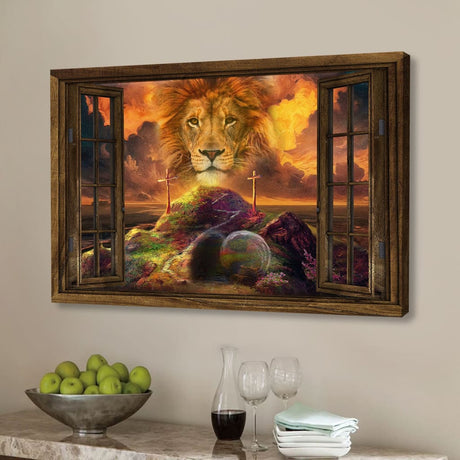 Christian wall art canvas featuring "He Is Risen" alongside the Lion of Judah, perfect for Easter decor and faith-based inspiration.