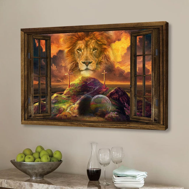 Christian wall art canvas featuring "He Is Risen" alongside the Lion of Judah, perfect for Easter decor and faith-based inspiration.