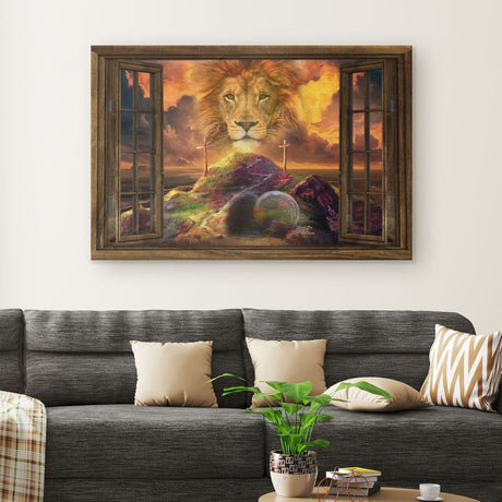 "He Is Risen" canvas art depicting the Lion of Judah, a powerful Christian decoration for celebrating the Easter season.