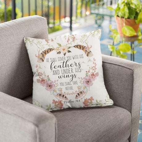 He shall cover you with his feathers Psalm 91:4 Bible verse pillow
