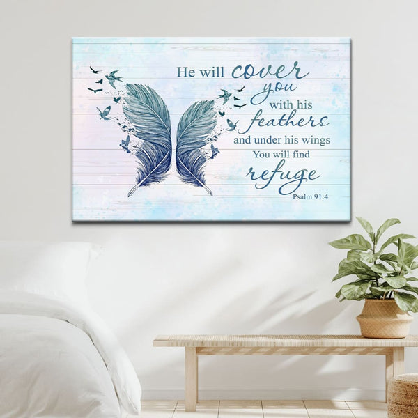 He Will Cover You With His Feathers | Psalm 91:4 | Hand Painted Framed Bible Verse Sign | 17.5