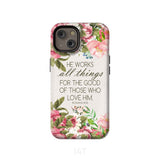 He works all things for good Romans 8:28 Bible verse phone case iPhone 14 / Tough