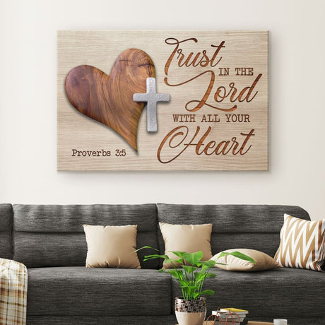Inspirational wall art canvas print with a heart cross and Proverbs 3:5 Bible verse, "Trust In The Lord With All Your Heart," ideal Christian wall art.