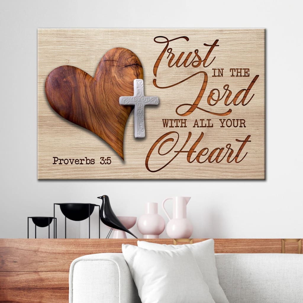 Bible Verse Wall Art, Heart cross Trust in the Lord with all your heart Proverbs 3:5 canvas wall art