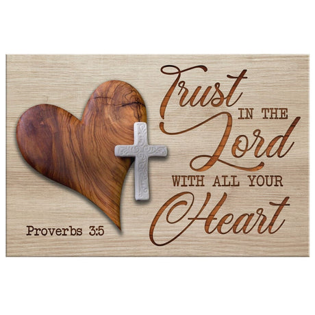 Christian wall art featuring a heart cross and Proverbs 3:5, "Trust In The Lord With All Your Heart," perfect faith-based home decor.