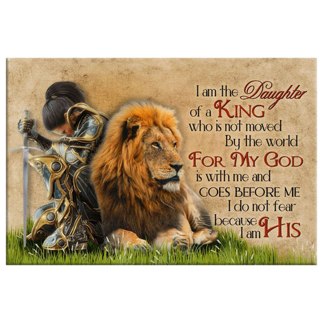 Inspirational Christian wall art, "I Am The Daughter Of A King," featuring a warrior woman and lion, faith-based decor.