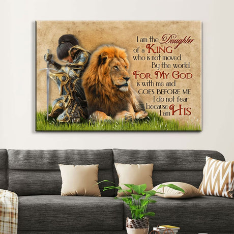 "Warrior Woman and Lion" wall art, "I Am The Daughter Of A King," Christian wall decor, perfect for gifts.