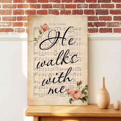 Christian wall art featuring "In the Garden Hymn, He Walks With Me," perfect faith-based decor with inspirational song lyrics.