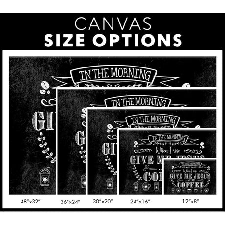 Religious wall art canvas with "In The Morning When I Rise Give Me Jesus And Coffee" on a black background, perfect for faith-filled home decor.