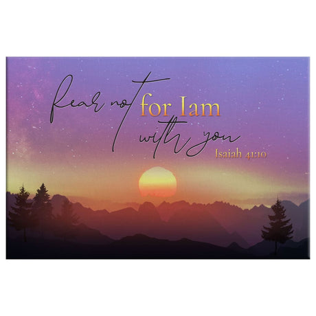 Inspirational wall art canvas with mountain sunset and Isaiah 41:10 Bible verse, ideal for faith-based decor.