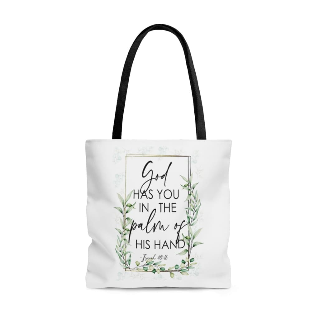 Isaiah 49:16 God has you in the palm of his hand flower tote bag Bible verse tote bags 13 x 13