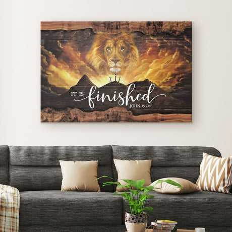 Inspirational wall art canvas print with "It Is Finished," John 19:30, and a lion symbolizing Jesus, ideal Christian Easter wall art.