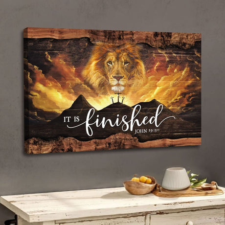 Christian wall art featuring "It Is Finished" with John 19:30 and a depiction of Jesus and a lion, perfect faith-based Easter home decor.