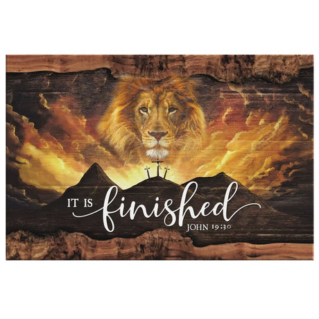 Faith-based Easter wall art displaying "It Is Finished" with Jesus and a lion, great religious decor for Christian homes during Easter.