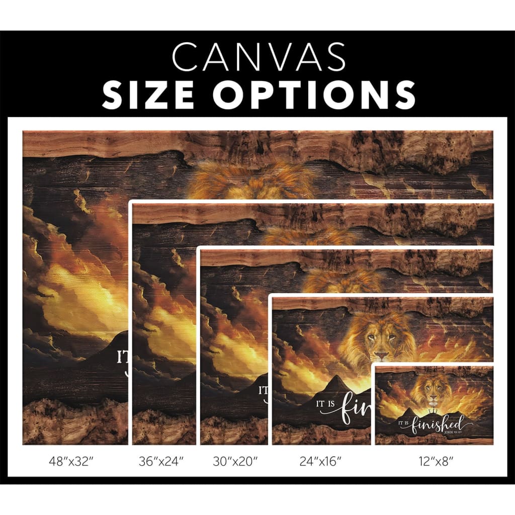 Religious wall art canvas with &quot;It Is Finished,&quot; John 19:30, featuring Jesus and a lion, perfect for faith-filled Easter home decor.