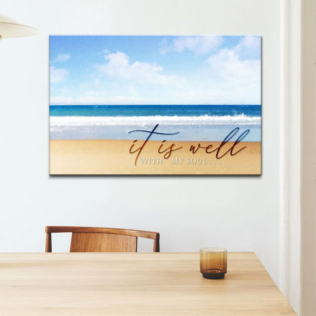 "It Is Well With My Soul" beach coastal canvas, peaceful Christian wall art decor, faith-inspired gifts.
