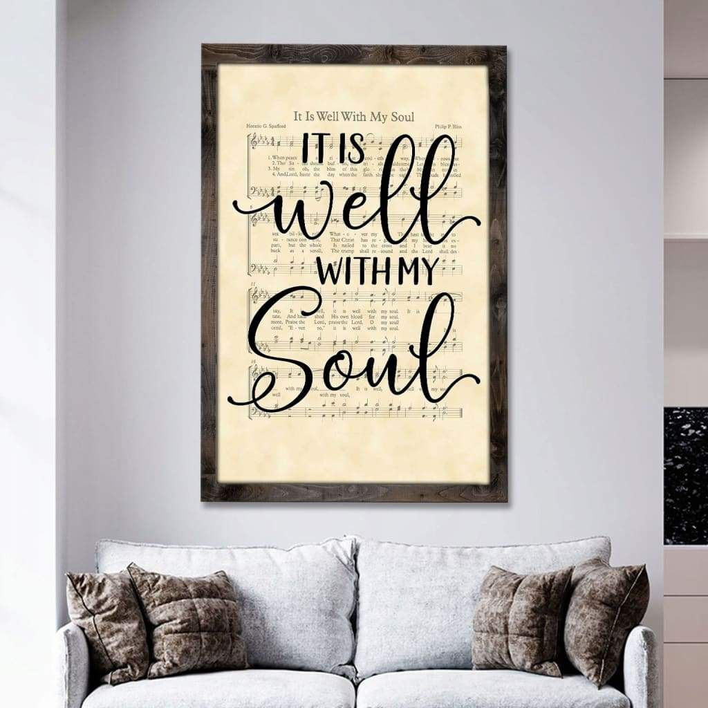 Christian wall art with "It Is Well With My Soul" hymn sheet music, ideal for gifts.