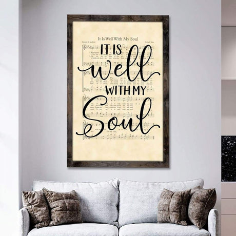 Christian wall art with "It Is Well With My Soul" hymn sheet music, ideal for gifts.