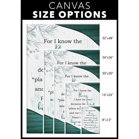 Jeremiah 29:11 wall art print, "For I Know The Plans I Have For You," set against a teal border, perfect for faith-based gifts / size options.