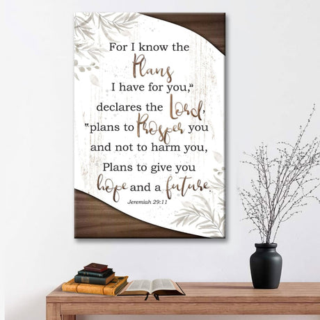 Jeremiah 29:11 wall art canvas print features the verse "For I Know The Plans I Have For You" with a brown border, ideal for Christian decor.