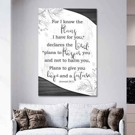 Inspirational wall art canvas featuring Jeremiah 29:11, "For I Know The Plans I Have For You," highlighted with a Gray border.