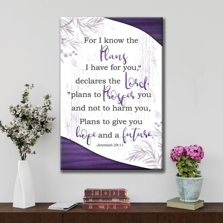 Christian wall art showcasing Jeremiah 29:11, "For I Know The Plans I Have For You," elegantly framed with a Purple border.