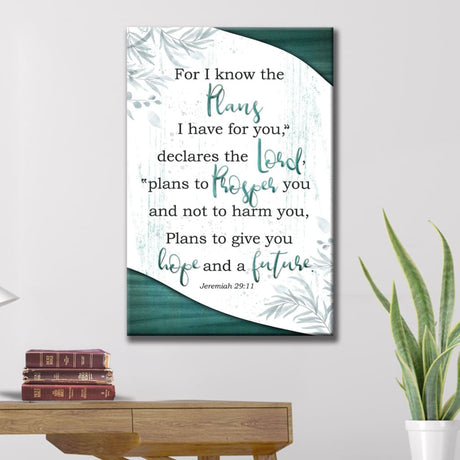 Bible verse wall art canvas with Jeremiah 29:11, "For I Know The Plans I Have For You," complemented by a stylish teal border for home decor.