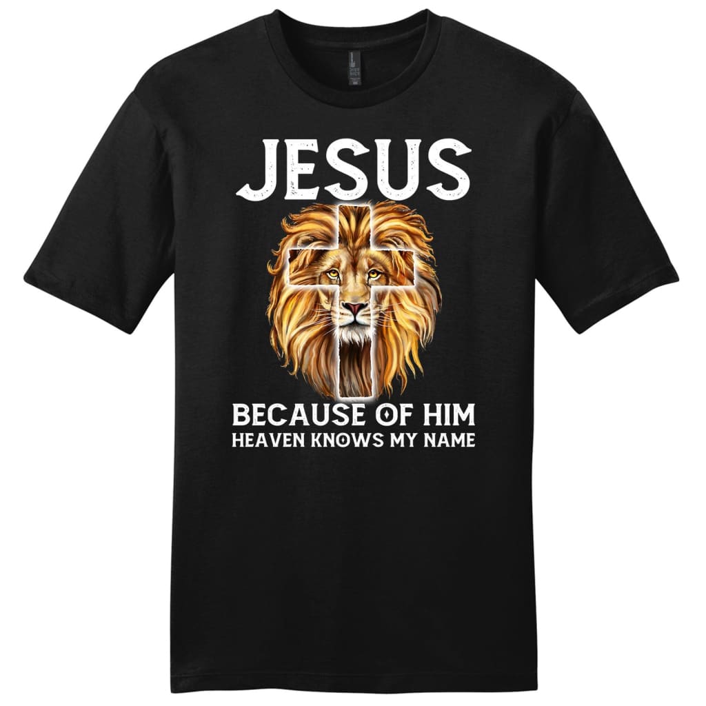 Jesus because of him heaven knows my name men’s t-shirt Jesus t-shirts Black / S