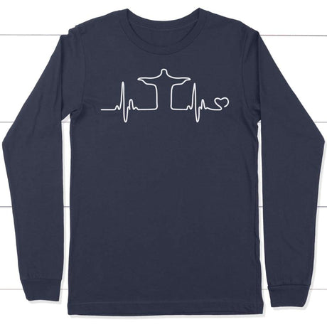 Jesus heartbeat long sleeve t-shirt | Christian apparel Navy / S